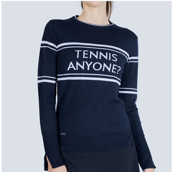 L'Etoile Tennis Anyone Sweater xs navy and off white- small hole in cuff see pic - Picture 1 of 7